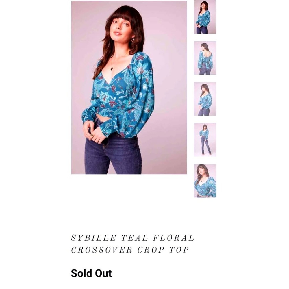 Band of the Free Sybille Teal Floral Crossover Crop Top Long Sleeve Large NEW